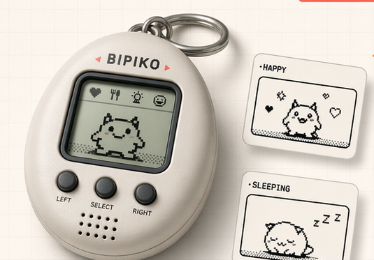 Bipiko Gerät mit Pixel-Haustier und zwei Pixel-Animationskarten