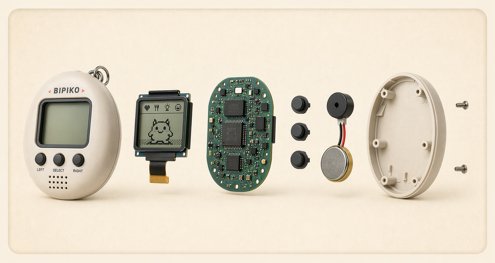 Explosionsansicht der Bipiko Hardware mit Gehäuse, Display, Platine, Buzzer und Schrauben